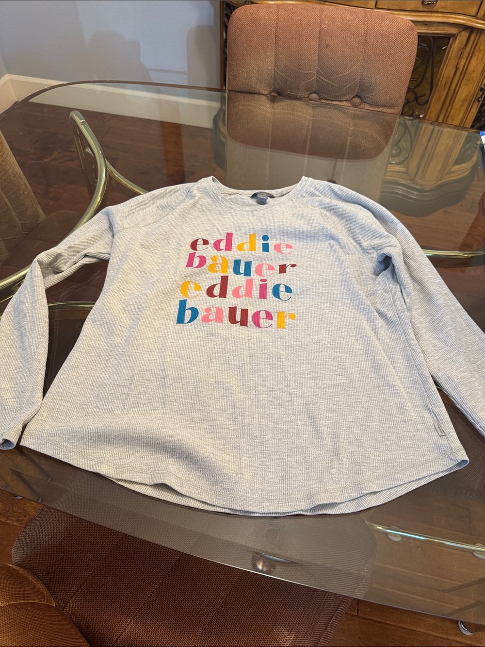 Eddie Bauer Light Gray Long-Sleeve Tee with Multicolor Logo Stack